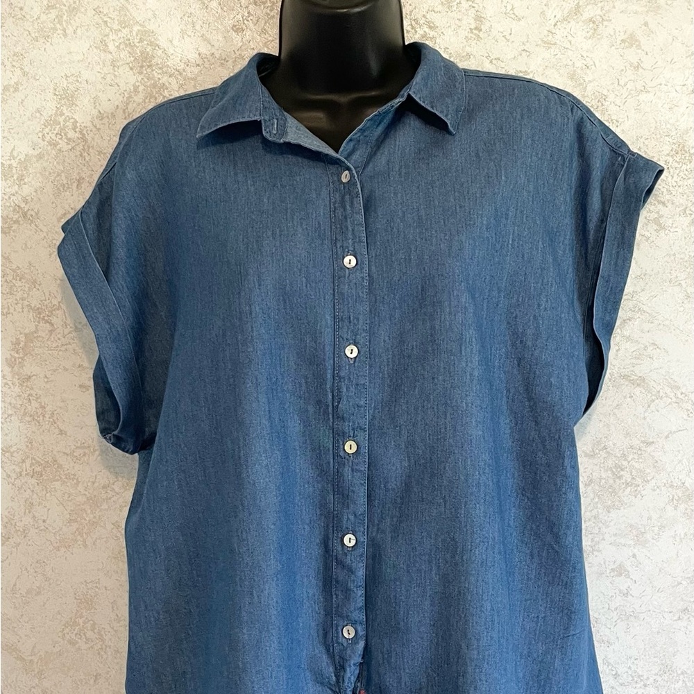 Hester & Orchard Chambray Blue Women's Blouse Shirt Tie Button Front Size Large